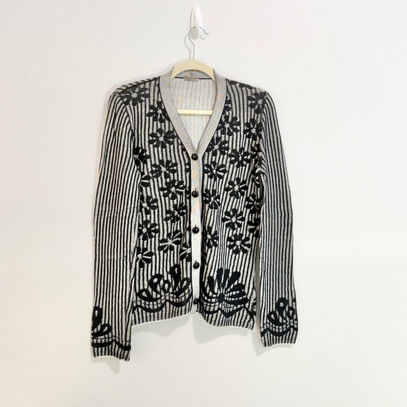 Bottega Venetia Black Floral Stripe Cotton Button Front Soft Cardigan Sweater - Picture 2 of 6